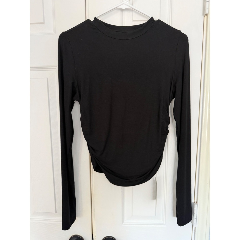 Halara Round Neck Long Sleeve Ruched Casual Top Black Size M NWT